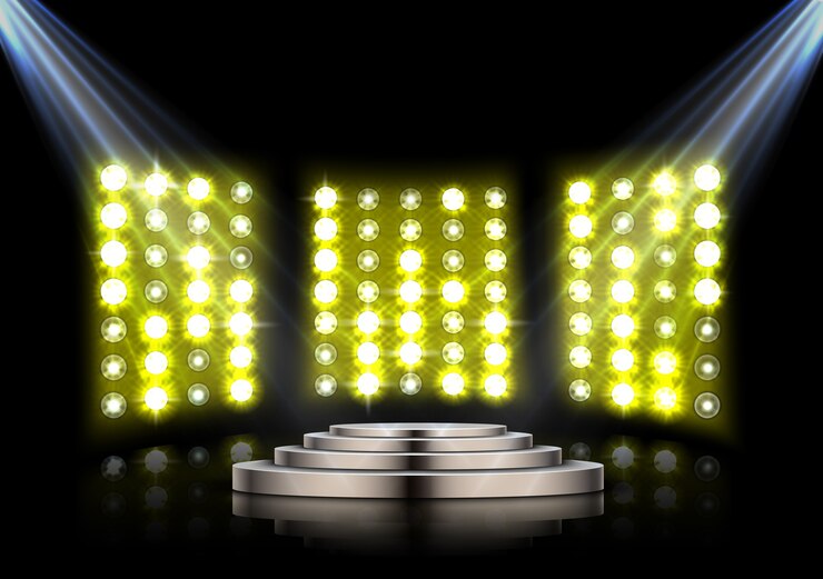 Vetor pódio de palco com holofotes na luz do estágio amarelo