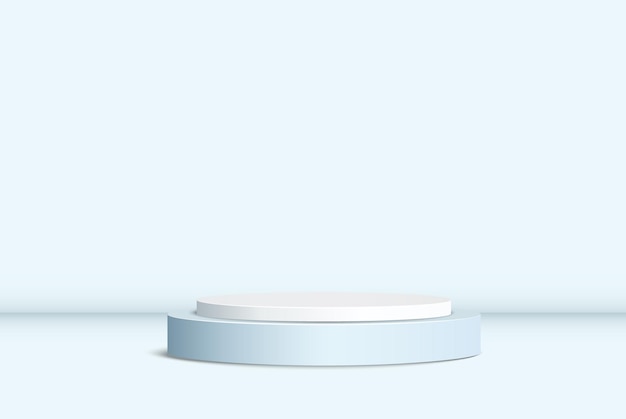 Pódio de palco em um fundo de estúdio leve. Círculo limpo realista, pedestal, pilar, pedestal. Suporte de palco vazio para prêmio vetorial com projetor para design de publicidade.
