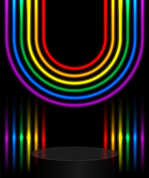 Vetor pódio de palco para exibição de produtos com luz de néon arco-íris abstrata em fundo preto