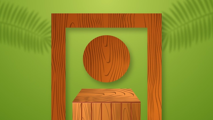 Vetor pódio de pedestal 3d abstrato com textura de madeira