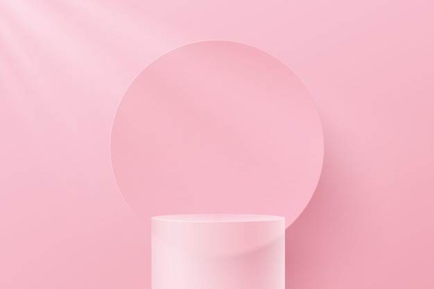 Pódio de pedestal de cilindro de vidro transparente. cena de parede rosa mínima e renderização de forma circular 3d