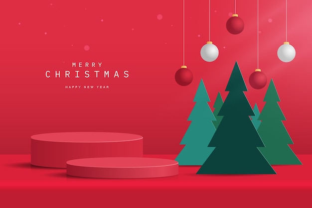 Podio de pedestal de cilindro vermelho 3D abstrato e realista com neve de bola de árvore de Natal verde moderna