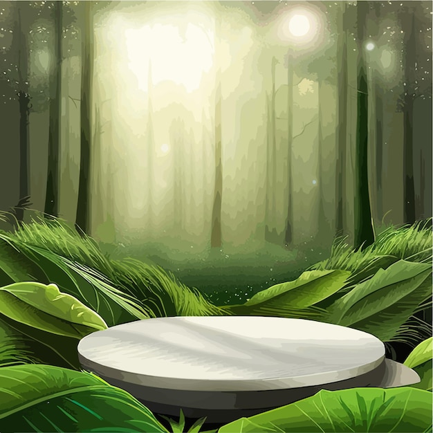 Vetor pódio de pedra plana em ilustração de floresta mágica, palco natural de fundo redondo vazio para