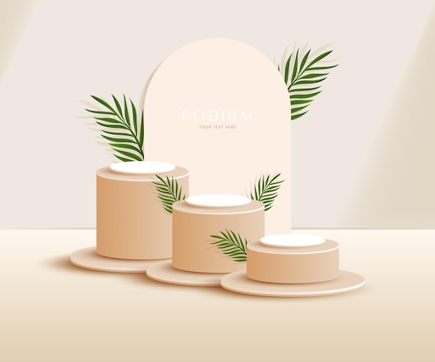 Pódio de produto 3d e pedestal na cor bege com folhas de palmeira