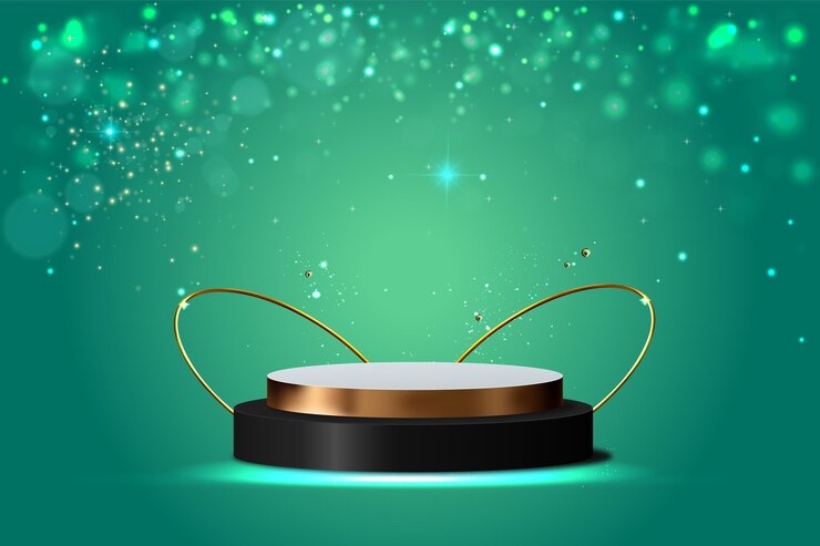 Pódio de produto preto realista com fundo redondo e verde dourado