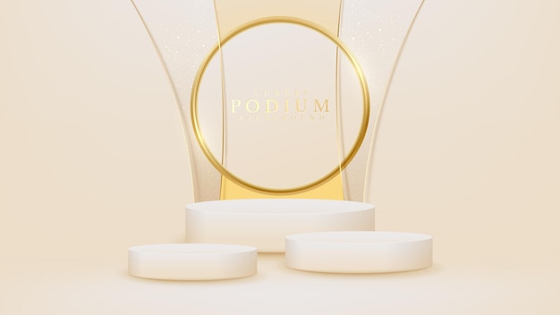 Pódio de show branco e elementos de círculo dourado com linhas curvas e efeitos de luz cintilantes e cintilantes, design de cena de luxo para produtos de banner.