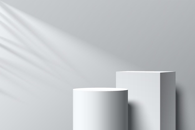 Pódio de suporte geométrico branco 3d realista abstrato com iluminação e sombra de folha de coco