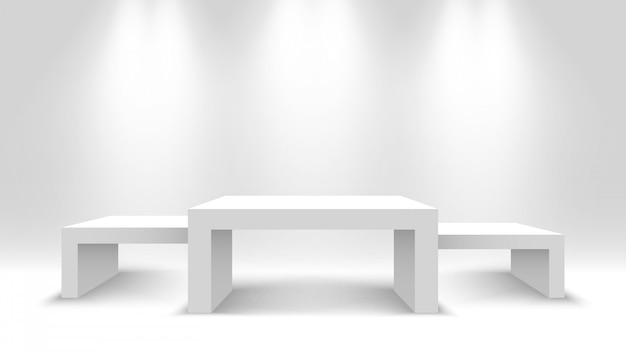 Pódio de vencedores em branco branco. stand de exposição com holofotes. pedestal. ilustração.