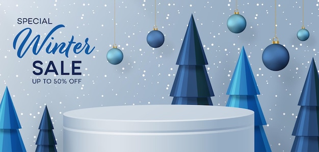 Pódio de venda de inverno 3d para ilustração de banner em padrão festivo com conceito de flocos de neve na cor de fundo.