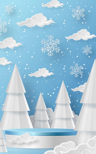 Pódio de venda de inverno 3d para ilustração de banner em padrão festivo com conceito de flocos de neve