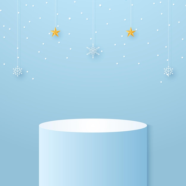Vetor pódio do cilindro ciano com flocos de neve e estrela pendurada para simulação de modelo para evento de natal