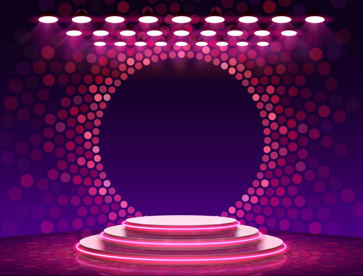 Vetor pódio do palco com iluminação, cena do pódio do palco com cerimônia de premiação em fundo roxo,