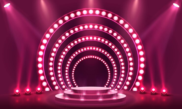 Vetor pódio do palco com iluminação, cena do pódio do palco com cerimônia de premiação em fundo vermelho, ilustração vetorial