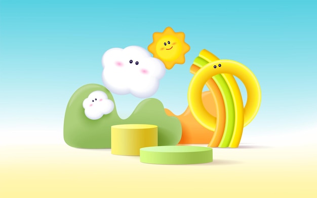 Pódio do produto 3D, fundo de cor pastel, nuvens, sol e clima com espaço vazio para crianças ou produtos para bebês.