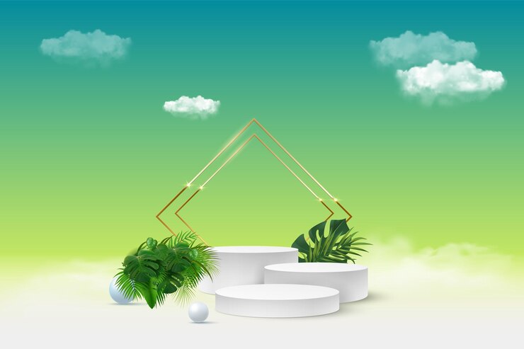 Pódio do produto branco com folhas de palmeira tropical verde e arco redondo dourado na parede verde