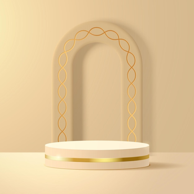 Pódio e um arco com linhas douradas. ilustração em vetor 3d.