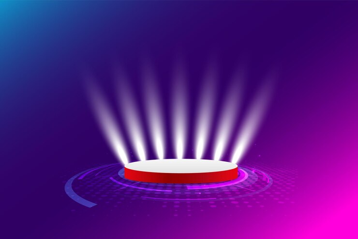 Pódio redondo com iluminação de holofotes, design de celebração com pódio de palco.