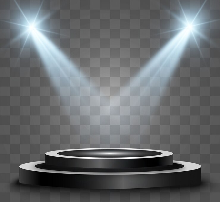 Pódio redondo, pedestal ou plataforma, iluminado por holofotes ao fundo. ilustração. Luz brilhante. Luz de cima. Local de publicidade