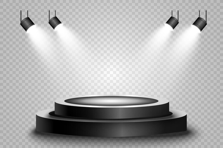 Pódio redondo, pedestal ou plataforma, iluminado por holofotes no fundo.