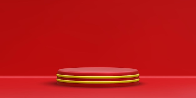 Pódio redondo vermelho realista 3d cena e plataforma com círculo de ouro sobre fundo claro pedestal de design para prêmio e vencedor ilustração vetorial
