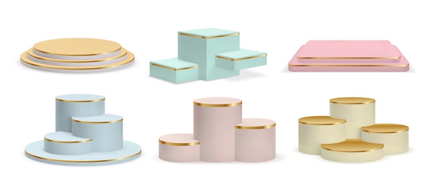 Pódios dourados realistas, pedestais de cilindro e plataformas de exibição. showroom 3d de produto de luxo em cores pastel com conjunto de vetores de escadas douradas