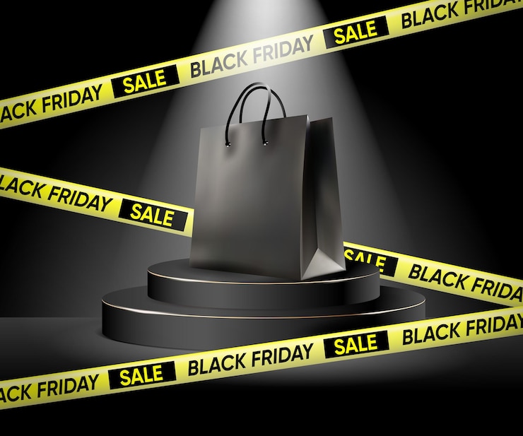 Vetor podium de palco com saco de compras preto black friday venda vetor realista
