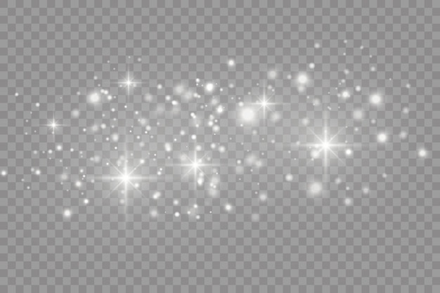 Poeira branca. Faíscas brancas e estrelas brilham com luz especial. Brilha em um fundo transparente.
