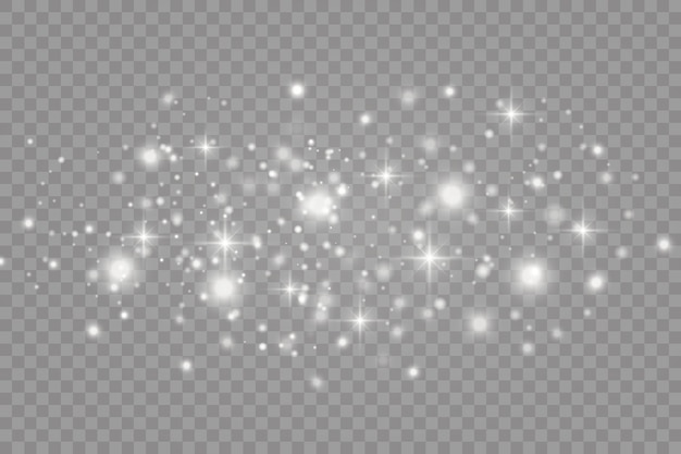 Poeira branca. Faíscas brancas e estrelas brilham com luz especial. Brilha em um fundo transparente.