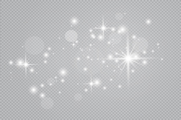 Vetor poeira branca. faíscas brancas e estrelas douradas brilham com luz especial. brilha em um fundo transparente. partículas de poeira mágica cintilante.