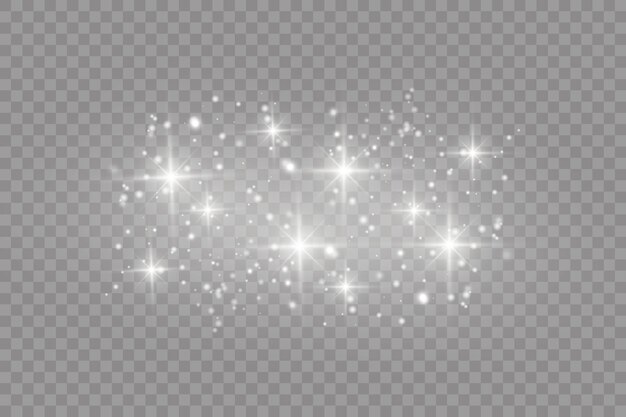 Poeira branca. Faíscas brancas e estrelas douradas brilham com uma luz especial. O vetor brilha em um fundo transparente. Padrão abstrato de Natal.