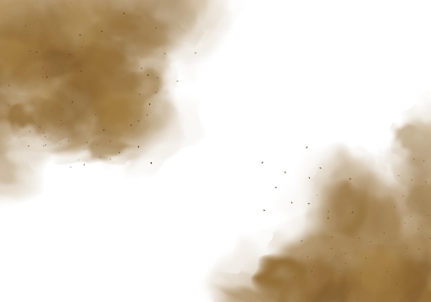 Poeira nuvem de areia poeira de lama espirra partículas de solo sujo 3d poluição alérgica fundo de fumaça de ar arenoso pó de sujeira marrom de dois lados tempestade de areia no deserto vector grunge ilustração horizontal