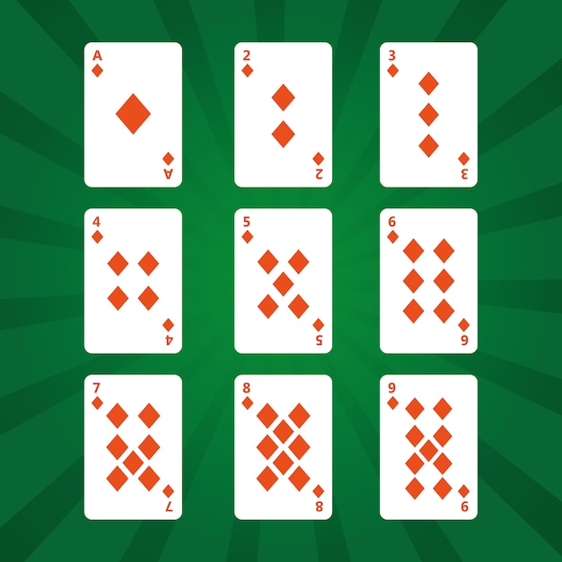 Vetor poker playing cards diamonds suit on green background