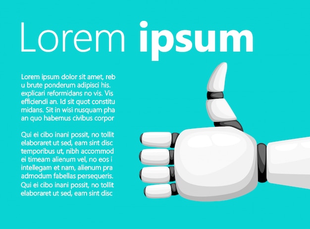 Polegar para cima mão de robô branco ou braço robótico para ilustração de próteses com lugar para seu texto na página do site com fundo turquesa e aplicativo móvel