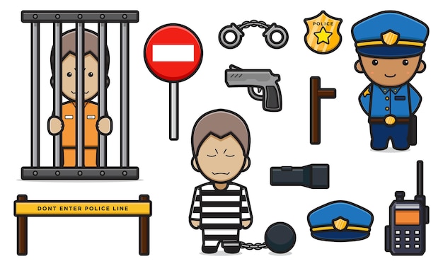 Polícia bonita e prisioneiro com equipamento de objeto definir ilustração do ícone do vetor dos desenhos animados. polícia e vetor isolado conceito ícone criminoso. estilo de desenho plano