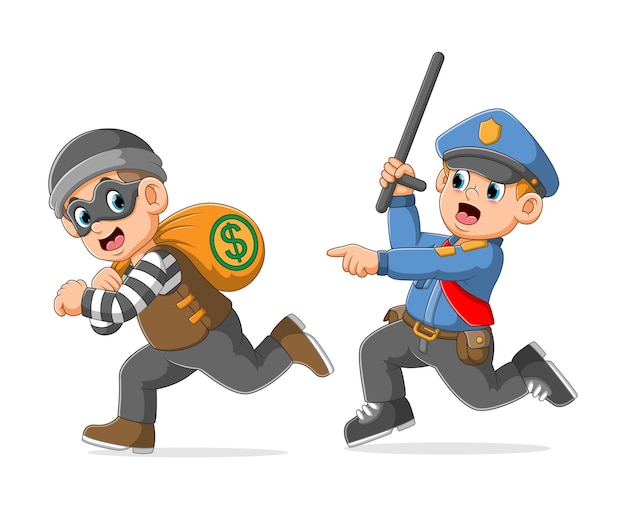 Polícia persegue captura o ladrão segurando uma bolsa de dinheiro ilustração