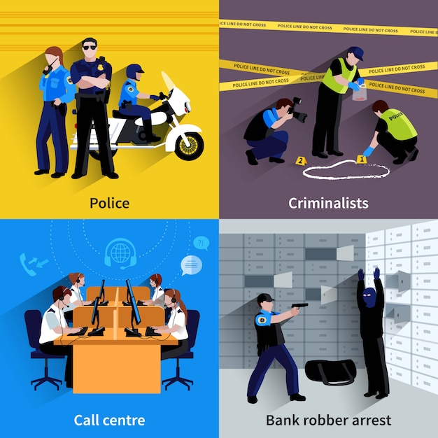 Polícia quadrado conceito conjunto de pessoas de polícia ladrão de banco detenção criminalistas de trabalho e chamar centro ilustração em vetor plana sombra