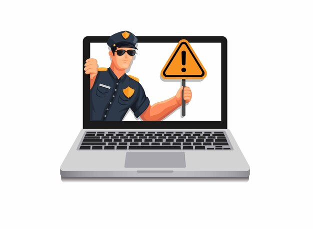 Polícia segurando cartaz de perigo no monitor do laptop. aviso de segurança do site em desenho animado