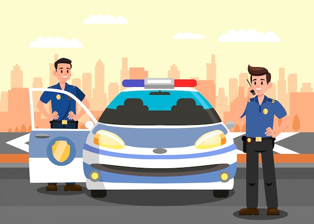 Vetor policiais e carro vector plana ilustração