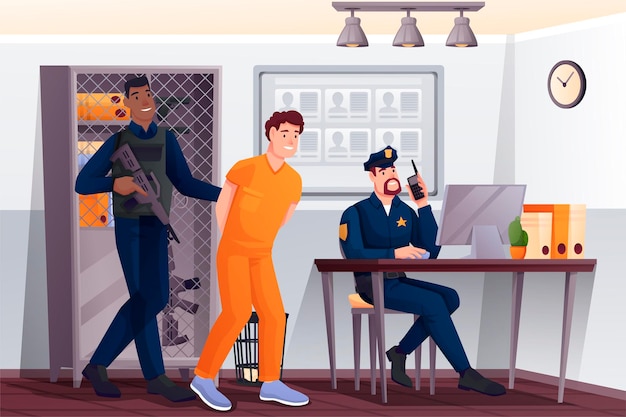 Policiais e prisioneiro na cena da delegacia de polícia Guarda do escritório do departamento de segurança com arma principal suspeito na mesa trabalhando no computador com telefone