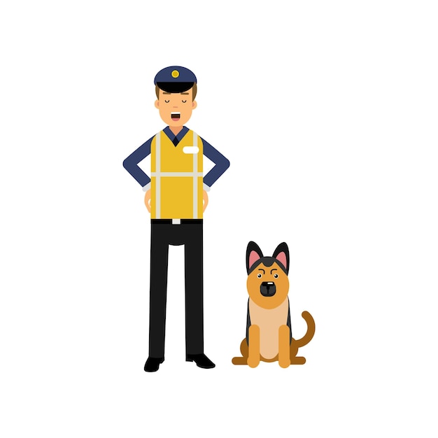 Policial alegre em pé com cão pastor alemão de serviço isolado no branco. personagem de desenho animado policial de uniforme com colete reflexivo amarelo. guarda civil. ilustração em vetor design plano.