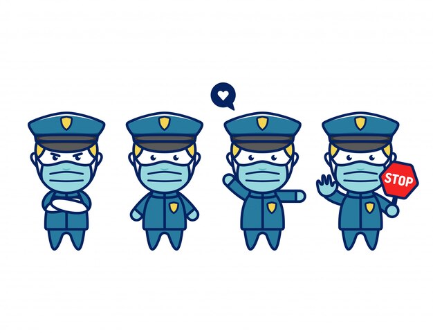 Policial bonito chibi usando máscara conjunto