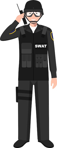 Vetor policial da swat em pé com walkietalkie em ícone de personagem uniforme tradicional