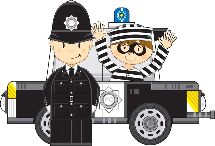 Vetor policial de desenho animado e carro de polícia com ilustração de serviços de emergência de prisioneiros