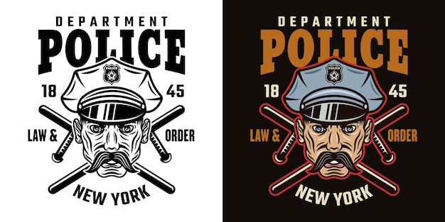 Policial no boné e dois bastões cruzados vector emblema emblema ou logotipo em dois estilos preto no branco e colorido no fundo escuro