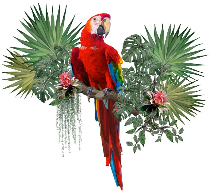 Vetor poligonal ilustram o desenho do pássaro arara-vermelha com plantas da floresta amazônica
