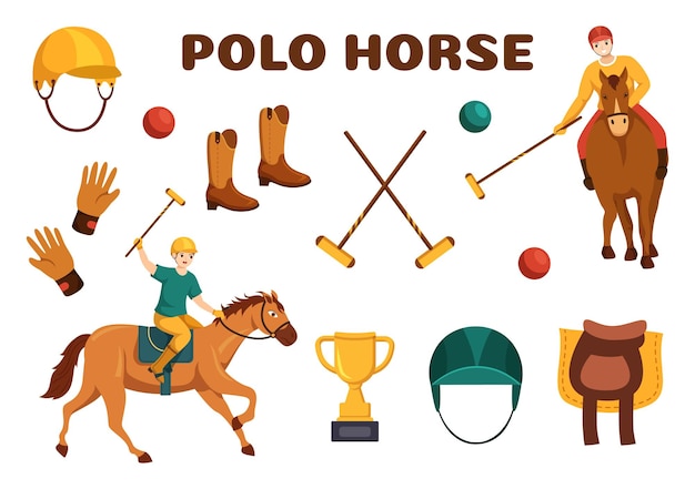 Vetor polo horse sports com jogador montando cavalo e segurando o equipamento de uso do bastão definido na ilustração plana