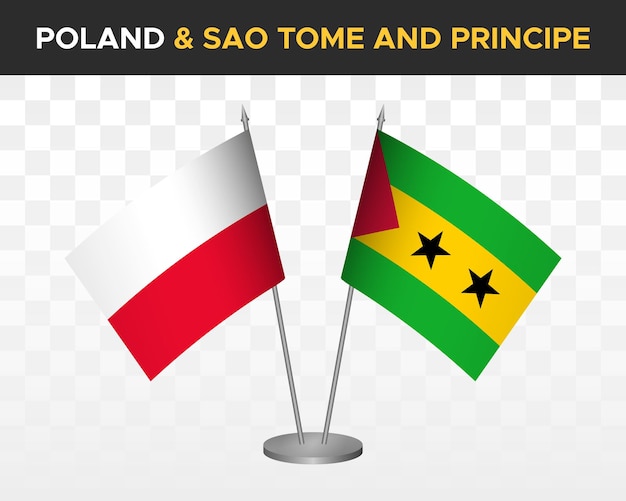 Polônia vs são tomé principe maquete de bandeiras de mesa isolada ilustração vetorial 3d bandeira de mesa polonesa