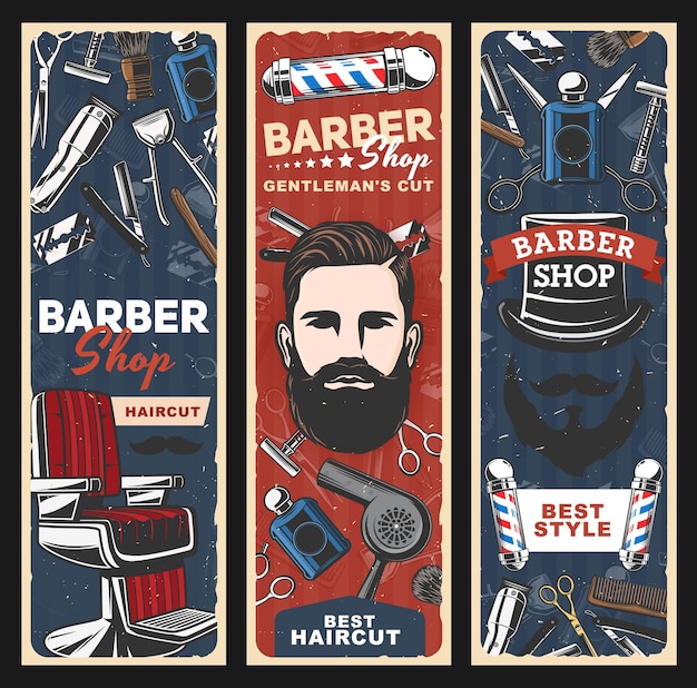 Pólos de barbearia cadeira de barbear e homem com barba