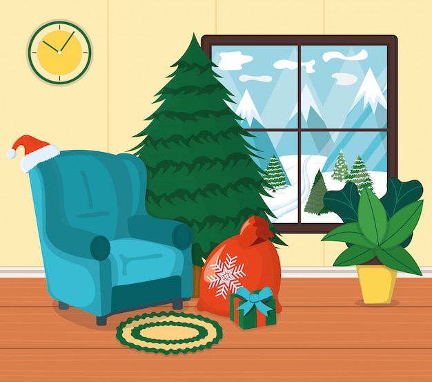 Poltrona com tapete, lugar para sentar e relaxar a ilustração dos desenhos animados. design interior. ano novo pinheiro, clima de natal com caixa de presente.