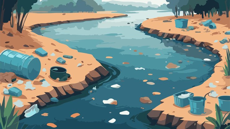 Vetor poluição da água com algum plástico e fundo fluvial poluído